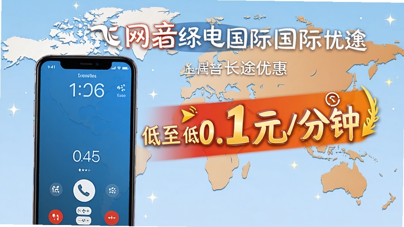 飞音网络电话国际长途优惠宣传图,背景是世界地图,前景为手机显示拨打国际电话的界面,并配有“低至0.1元/分钟”的视觉标签,色彩鲜明,突出软件名称。