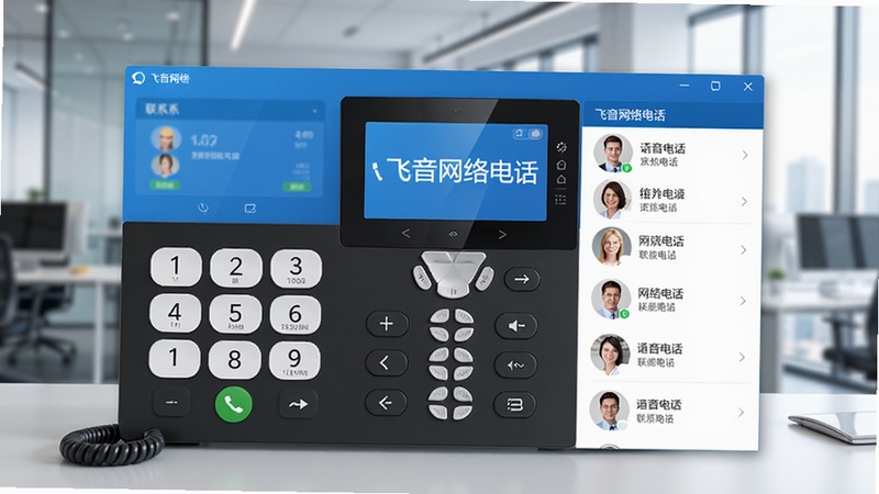 飞音网络电话的主界面预览图,展示清晰简洁的拨号键盘和联系人列表,背景为现代办公环境,整体色调以蓝白为主,突出软件的通话功能与易用性,画面中央显示飞音网络电话名称,风格写实,高清渲染