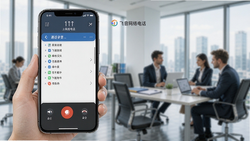 飞音网络电话通话录音功能演示图,画面中展示手机通话界面底部有录音按钮,并列出录音文件列表,背景为商务办公场景,突出实用性与便捷性,风格写实,带软件名称