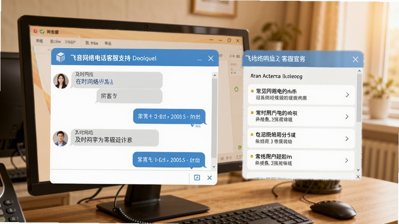 飞音网络电话客服支持界面,画面中展示在线客服对话框和常见问题列表,背景为客服工作台,突出及时响应与专业服务,色调温暖,写实风格,带软件名称