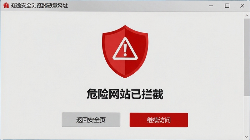 凝逸安全浏览器恶意网址拦截警告页面,红色警告盾牌图标醒目,页面背景为浅灰色,文字提示“危险网站已拦截”,下方有“返回安全页”和“继续访问”两个按钮,整体设计严肃且清晰