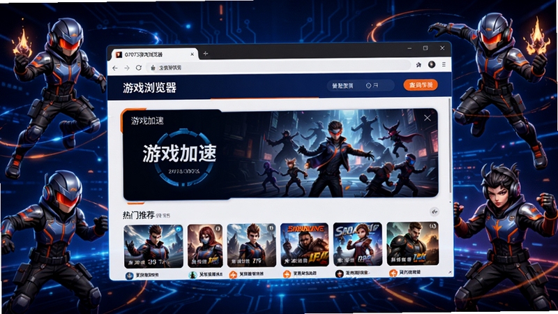 07073游戏浏览器主界面预览图,展示游戏加速面板与热门游戏推荐列表,背景为炫酷科技感电竞风格,主色调深蓝与橙色点缀,画面中心为浏览器窗口,四周环绕游戏角色元素,整体明亮清晰,突出多功能与游戏加速特性。