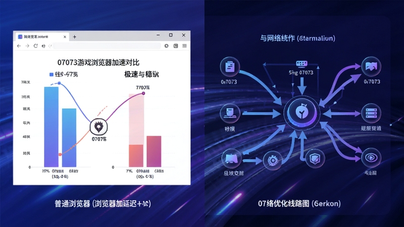 07073游戏浏览器加速引擎工作示意图,画面左侧为普通浏览器与07073游戏浏览器延迟对比数据,右侧为网络优化线路图,背景为高速流动的光效,突出极速与稳定的特点,整体配色蓝紫渐变,科技感十足。