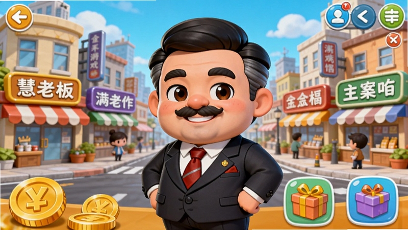 慧老板游戏主界面预览图,画面展示一位卡通老板站在繁华商业街前,身后是多家店铺招牌,前景有金币和商品图标,整体明亮活泼,色彩丰富,UI布局清晰,风格为Q版卡通,适合模拟经营游戏宣传图