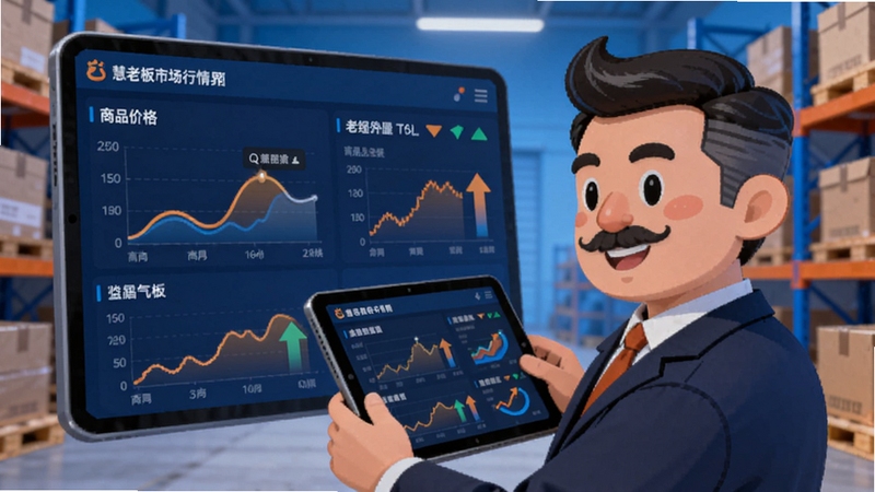 慧老板市场行情界面截图,显示多种商品的价格曲线图和涨跌箭头,一名卡通老板正在查看平板上的数据,背景是仓库货架,色调以蓝色和橙色为主,强调数据感和商业氛围