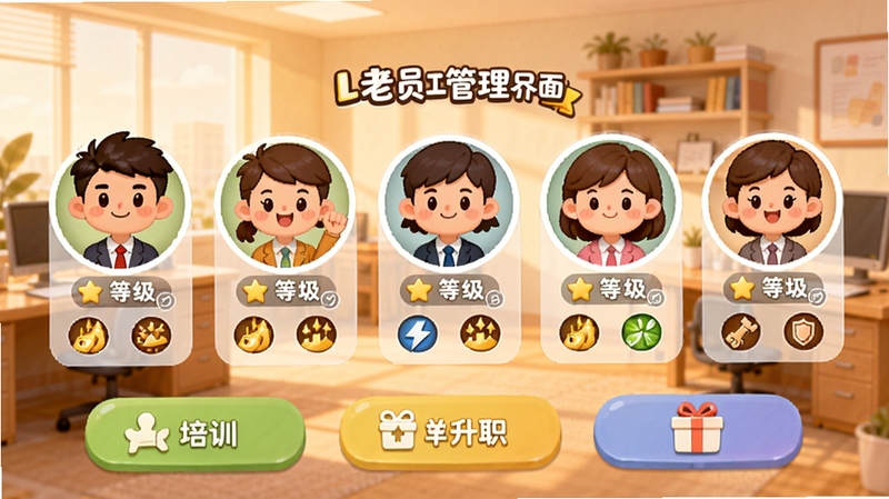 慧老板员工管理界面,展示一排卡通员工头像,每个头像下方有等级和技能图标,主界面有培训、升职、礼物等按钮,背景是办公室场景,色调温馨,画风可爱,突出团队养成元素
