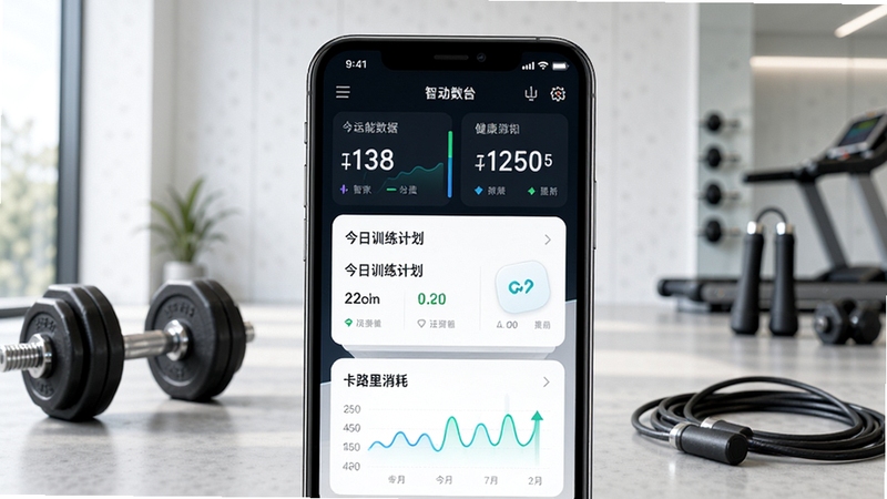 健身怪兽app主界面预览图,展示运动数据仪表盘、今日训练计划卡片和卡路里消耗统计,背景为现代简约健身房场景,哑铃和跳绳作为装饰元素,整体色调明亮清新,突出智能健身管理核心功能,画面主体为手机屏幕特写,UI界面清晰可见,风格写实且具有科技感