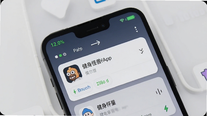 健身怪兽后台运行时的手机省电模式截图,手机状态栏显示电量充足,后台任务列表中有健身怪兽App卡片,背景为简约桌面,强调软件轻量省电的特性,画面主体为手机屏幕,风格简洁明了