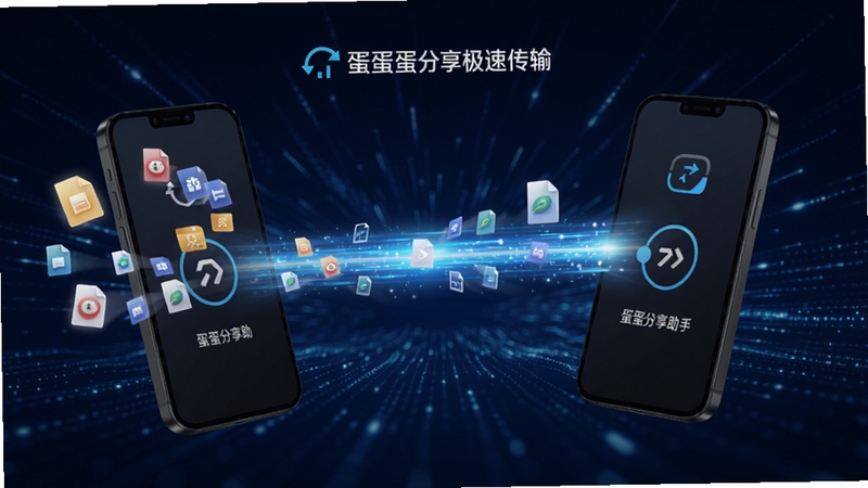蛋蛋分享助手极速传输界面,两部手机之间有一条发光的数据流光带,周围有文件图标飞出,背景为深蓝色动态光效,科技感十足,画面包含软件名称