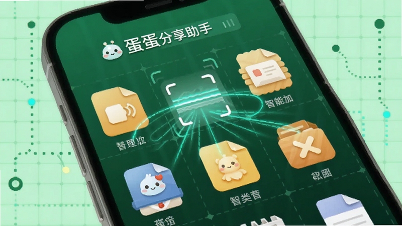 蛋蛋分享助手智能分类界面,手机屏幕展示各类文件图标整齐排列,有扫描动画线条,背景为浅绿色科技网格,色调清新明快,突出软件名称