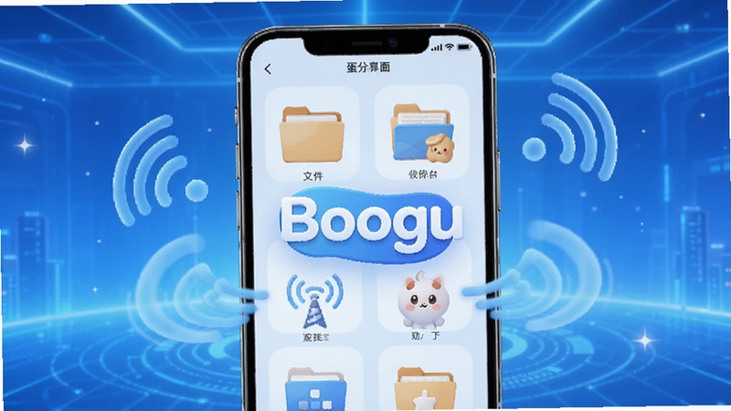 蛋蛋分享助手主界面全览,手机屏幕中央展示文件分类图标,周围有无线传输动效,背景为渐变的蓝色科技感空间,整体画面明亮清晰,突出软件名称logo,Boogu模型生成