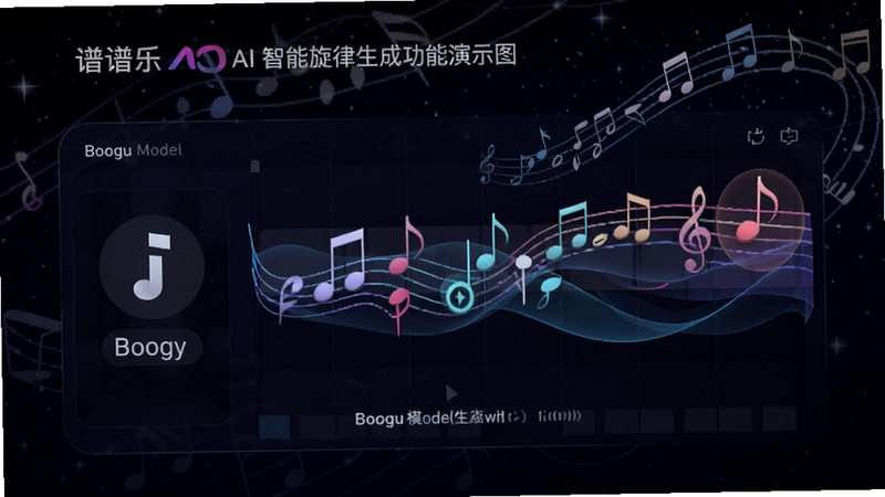 谱乐 AI 智能旋律生成功能演示图,画面展示用户输入简单音符后,AI 自动生成完整旋律的过程,界面中有音符流动与高亮提示,背景为星空与音符交织的创意视觉,色彩绚丽,突出 AI 创作的无限可能,适配 Boogu 模型生成