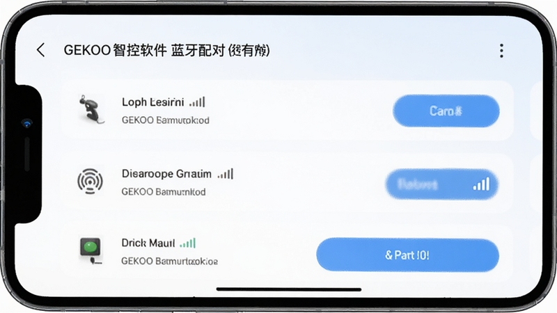 GEKOO智控软件蓝牙配对界面,手机屏幕显示附近可用的控制器设备列表,每个设备旁有信号强度图标,界面风格清爽,浅色背景搭配蓝色按钮