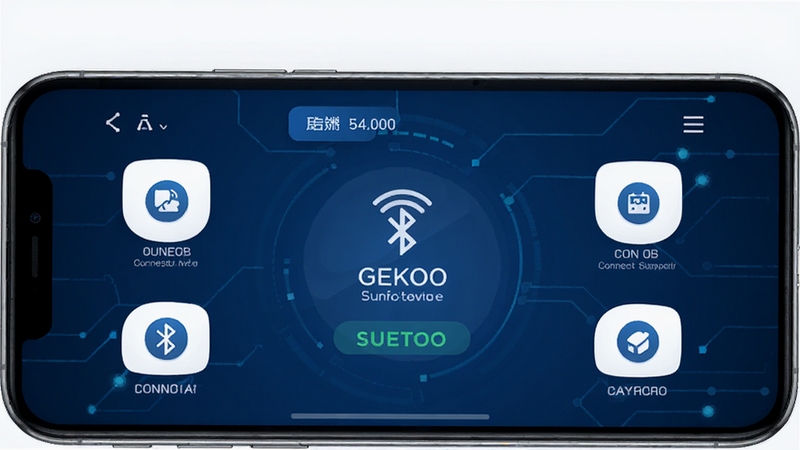 GEKOO智控软件在智能手机上运行的界面预览图,屏幕中展示蓝牙连接成功后的主控制面板,背景为简洁的深蓝色科技风格,图标清晰,整体画面明亮且专业