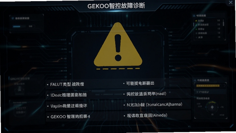 GEKOO智控故障诊断界面截图,屏幕中央显示一个醒目的黄色警告图标,下方列出故障类型和可能原因,背景为深色科技感界面,文字清晰可读