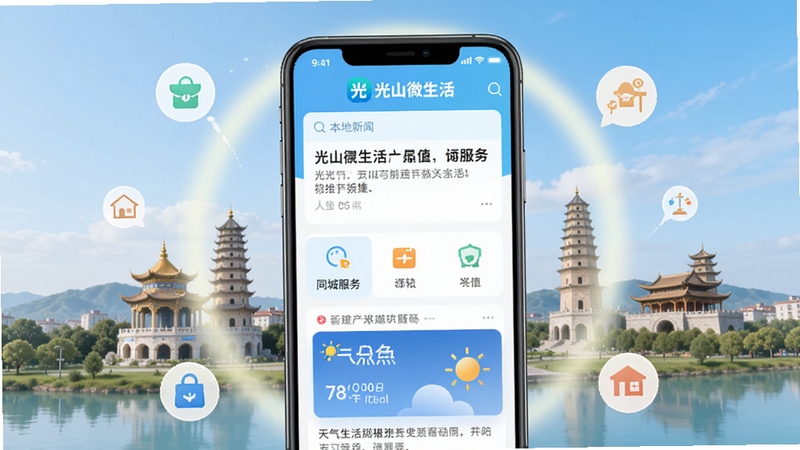 光山微生活app主界面展示,手机屏幕中显示本地新闻列表、同城服务入口、天气插件,背景为光山县城市地标建筑,整体风格清新明亮,UI设计现代简洁,突出本地生活服务核心功能,画面包含光山微生活logo,手机居中构图,周围有淡淡的光晕和社区生活元素图标漂浮