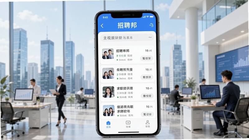 招聘邦求职招聘软件主视觉图,画面中央是手机界面展示招聘信息列表,背景为现代城市职场环境,色调明亮清新,突出招聘邦品牌名称,整体风格写实且积极向上