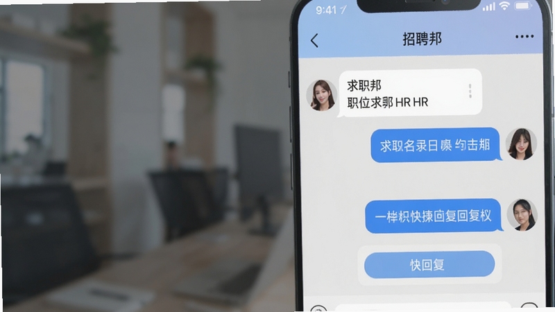 招聘邦APP界面截图风格预览图,展示聊天窗口内求职者与HR对话气泡,包含职位名称和快捷回复按钮,背景虚化处理,突出招聘邦软件界面设计简洁清晰