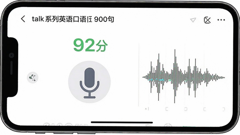一张AI语音评分功能的界面截图,画面为手机屏幕,屏幕左侧显示“talk系列英语口语900句”的跟读练习页,中央有一个大大的麦克风图标,上方显示“92分”的绿色评分数字,右侧波形图清晰展现发音细节,背景为纯白色,扁平化UI风格,突出科技感与专业性。alt: talk系列英语口语900句智能评分截图