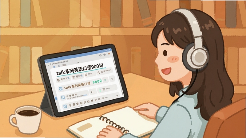 一张展示学习场景的插画,一位年轻女性戴着耳机坐在书桌前,面前摆放平板电脑,屏幕上显示“talk系列英语口语900句”的跟读界面,桌上有一杯咖啡和笔记本,背景是温暖的书架,暖色调,扁平化风格,突出轻松愉快的学习氛围。alt: talk系列英语口语900句学习场景图