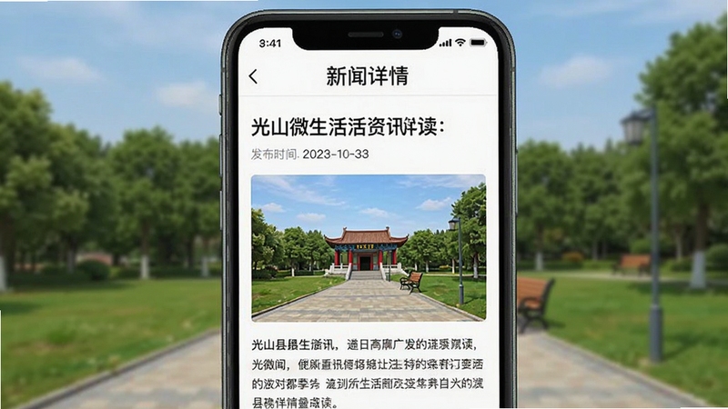 光山微生活资讯阅读界面,展示新闻详情页样式,包含标题、发布时间、正文配图,背景为光山县公园实景照片,界面风格清爽,阅读体验舒适,手机截图风格