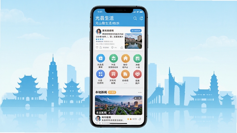 光山微生活软件主界面预览图,展示首页信息流、功能图标矩阵、本地新闻资讯卡片,背景为光山县城市地标建筑剪影,整体色调清新明亮,UI设计现代简洁,适配手机竖屏展示