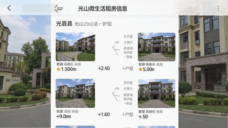 光山微生活租房信息页面展示,清新简约风格,展示房源列表、价格、户型、实拍图,背景为光山县某小区外观,界面布局清晰,信息直观,手机截图