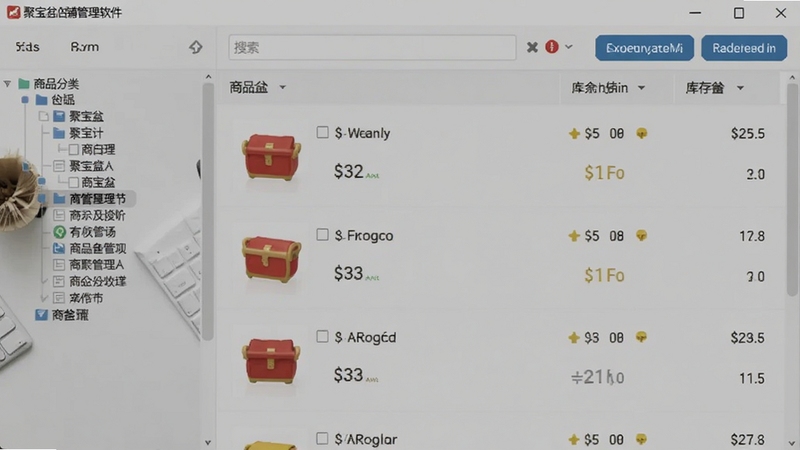 聚宝盆店铺管理软件的商品管理界面截图,左侧为商品分类树,右侧商品列表包含缩略图、价格和库存数量,顶部有搜索框和批量操作按钮,背景为浅灰色办公桌面,整体风格清爽专业。