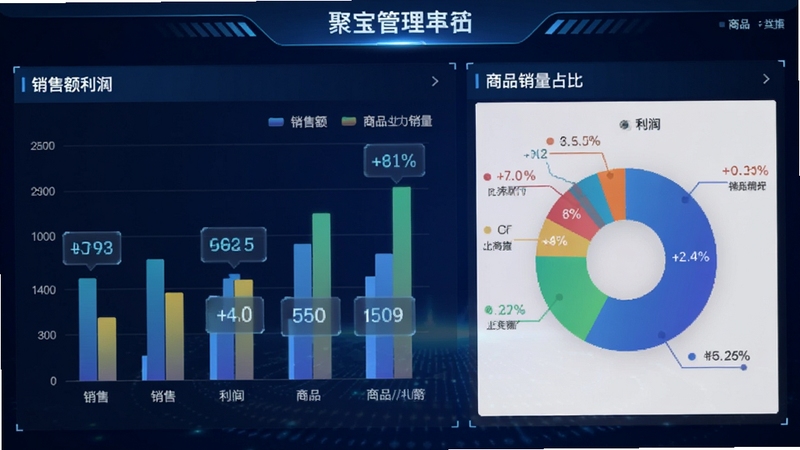 聚宝盆店铺管理软件的报表中心页面,显示柱状图和饼图,展示销售额、利润、商品销量占比,背景为深蓝色数据大屏风格,界面科技感强,数字清晰可读。