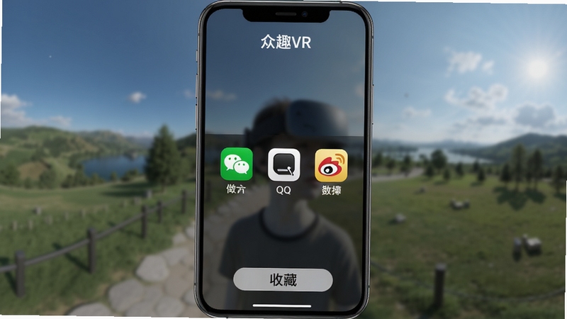 众趣VR分享界面,手机屏幕展示分享菜单,包含微信、QQ、微博等图标,背景为模糊的全景图片,底部有收藏按钮,整体设计简洁,软件名称“众趣VR”出现在顶部。