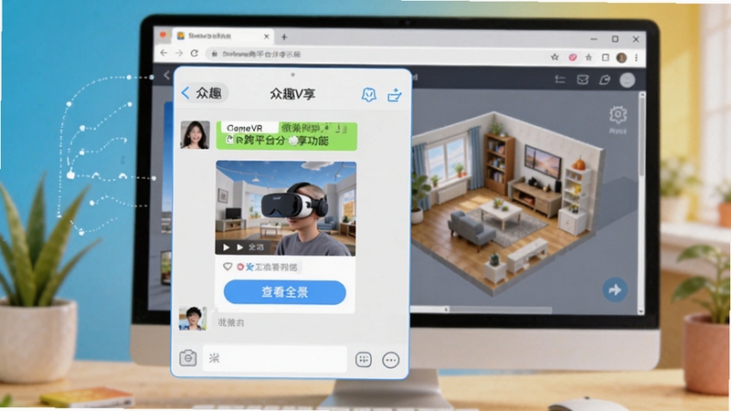 众趣VR跨平台分享功能示意图,画面中央为微信聊天界面,好友对话框内展示着一个带有VR场景缩略图的链接卡片,卡片下方有“查看全景”按钮,背景是电脑浏览器中打开的同一个三维房间模型,体现多设备无缝衔接的便利性,画面色彩明亮,突出社交分享的便捷属性。