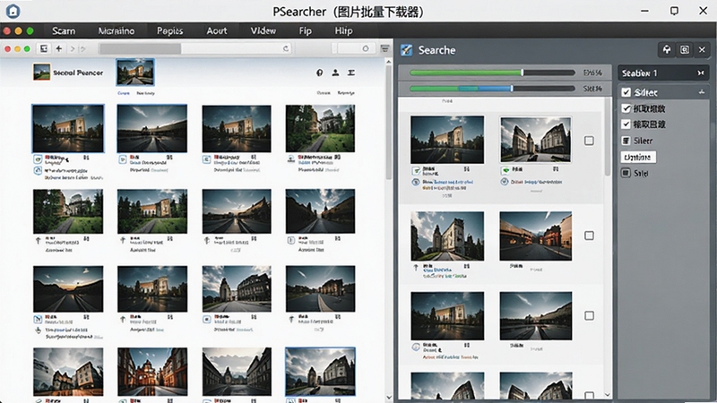 PSearcher(图片批量下载器)批量抓取功能演示图,显示软件正在扫描网页图片,左侧为网页缩略图,右侧为抓取到的图片列表,带有进度条和筛选选项,画面明亮清晰