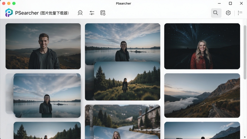 PSearcher(图片批量下载器)主界面预览图,展示软件logo、简洁的工具栏、图片瀑布流展示区域,背景为浅灰色渐变,整体风格现代简约,高清渲染