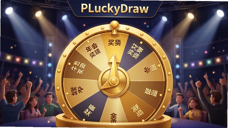PLuckyDraw(年会抽奖软件)转盘抽奖界面,金色转盘,指针指向奖项,舞台灯光效果,观众欢呼,高清,3d渲染,商业插画风格。
