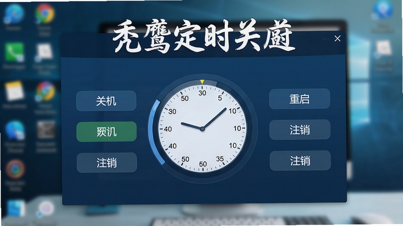 秃鹫定时关机软件主界面展示,一个简洁的深蓝色调控制面板,中央显示圆形定时器,周围分布关机、重启、注销等按钮,背景是模糊的电脑桌面,画面清晰,风格现代,软件名称秃鹫定时关机以白色艺术字置于面板顶部