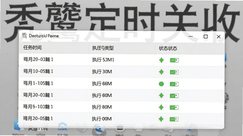 秃鹫定时关机历史记录日志列表,表格中清晰列出任务时间、执行类型和状态图标,界面以浅灰色调为主,简洁明了,软件名称秃鹫定时关机作为桌面背景文字若隐若现