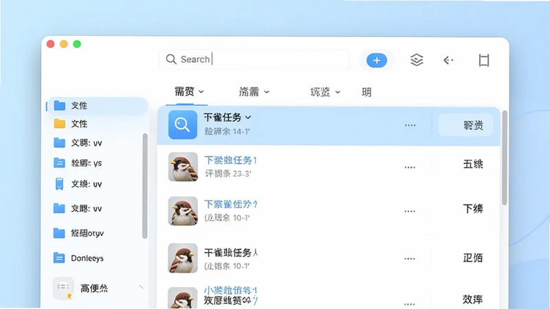 小麻雀软件主界面预览图,画面中央为简洁明快的下载任务列表,上方是搜索框与功能选项卡,左侧边栏展示文件分类,背景采用淡蓝色渐变,整体风格现代清新,突出软件轻巧高效的特点,界面无任何文字水印