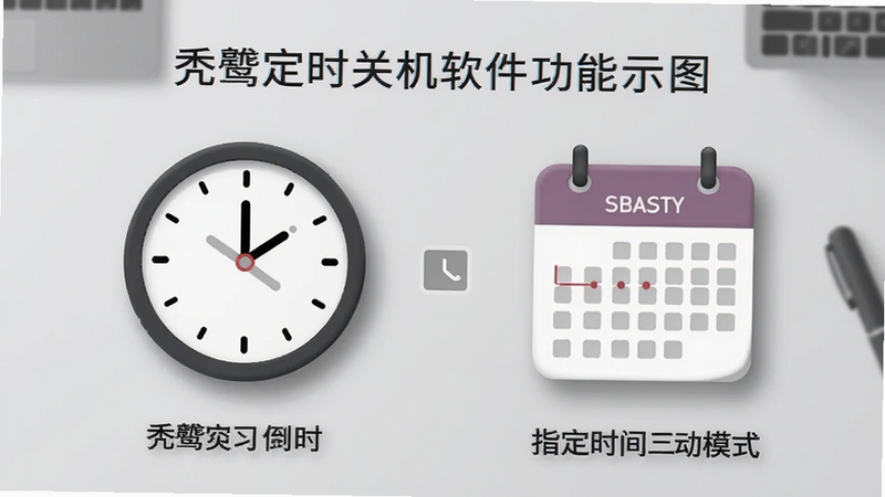 秃鹫定时关机软件功能示意图,展示倒计时与指定时间两种模式切换,背景为浅灰色工作台,主体为时钟和日历图标,搭配柔和阴影,风格清晰直观