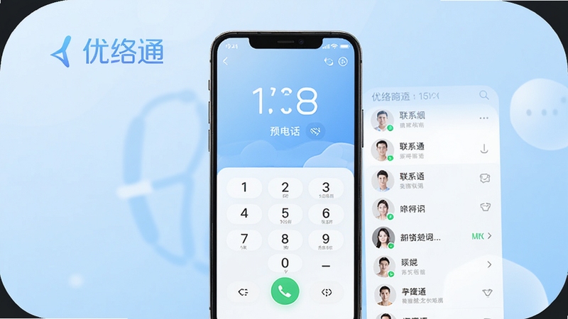 优络通省钱网络电话主界面预览图,展示简洁的拨号键盘和联系人列表,背景为淡蓝色渐变,突出软件名称logo,整体风格现代清晰,画面中央为手机屏幕展示界面,周边留白,适合应用商店封面展示