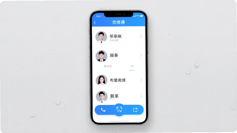 优络通省钱网络电话通讯录管理界面预览,展示联系人列表和快捷拨号按钮,背景为浅灰色质感,手机界面中央显示联系人头像与名称,突出智能整合功能,软件名称置于顶部导航栏,设计简洁大方