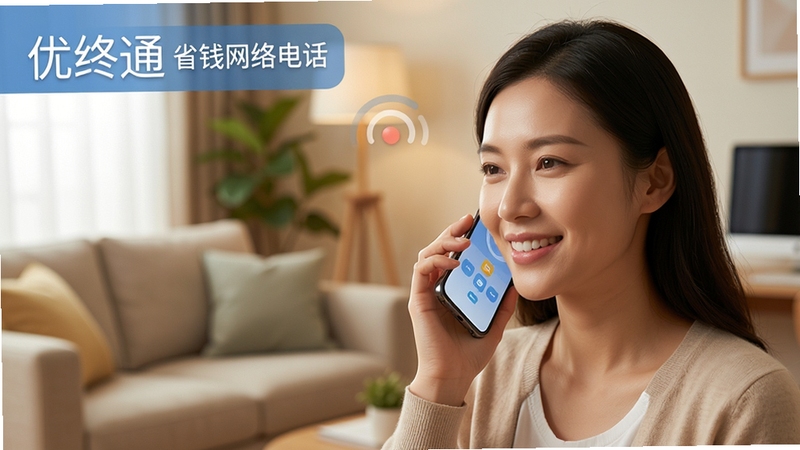 优络通省钱网络电话高清通话场景示意图,展示用户手持手机贴近耳边通话的温馨画面,背景为家庭客厅或办公室环境,画面色调柔和,突出通话清晰无杂音,软件名称浮现在屏幕左上角,细节丰富,光线自然