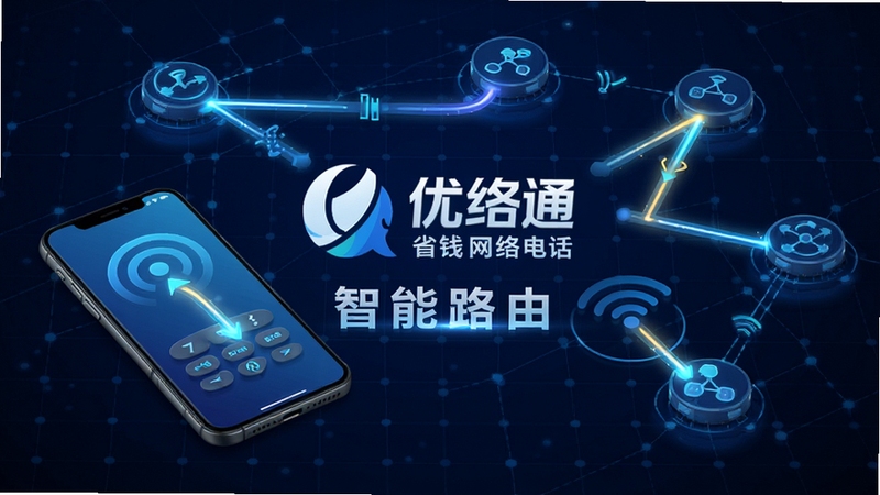 优络通省钱网络电话智能线路选择功能示意图,画面展示一部手机与多个网络节点连接,线条高亮显示最优路径,背景为深蓝色科技网格,中间有优络通省钱网络电话的LOGO与“智能路由”字样,整体风格科技感强,突出智能优选与稳定连接的特点,画面比例16:9,高清渲染