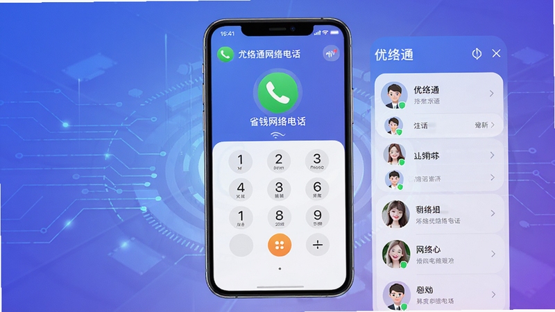 优络通省钱网络电话主界面展示,画面中央是一部智能手机屏幕,屏幕中清晰显示优络通省钱网络电话的拨号键盘与联系人列表,背景为渐变的蓝紫色科技感氛围,界面图标圆润清晰,整体风格简洁明亮,突出软件的通话功能与省钱特性,画面比例为16:9,高清渲染,细节丰富