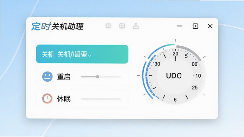 定时关机助理主界面预览图,画面中央是简洁的白色窗口,左侧显示关机、重启、休眠等模式选项,右侧是时间设定圆盘,背景为淡蓝色渐变,整体风格干净明亮,突出软件名称“定时关机助理”的logo,适配Boogu模型生成