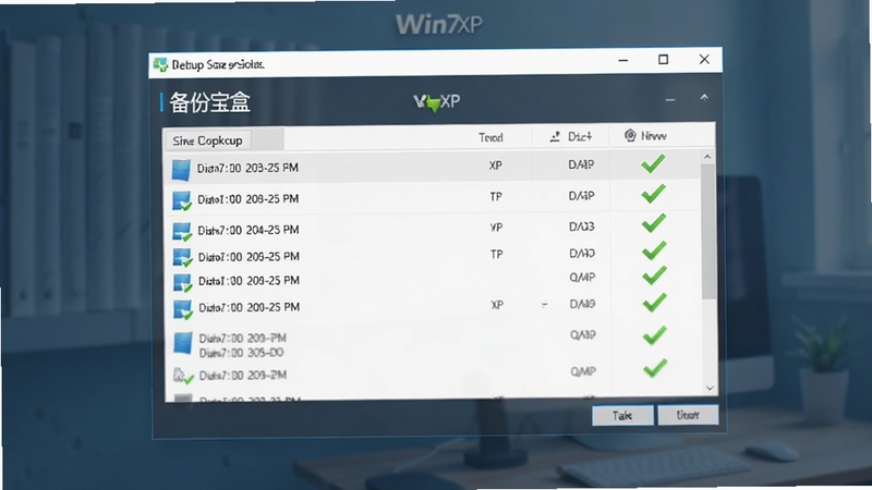 去除Win7XP快捷方式箭头宝盒安全备份还原功能界面,展示软件内备份列表窗口,列出不同时间点的备份记录,界面设计有绿色对勾表示备份成功,背景虚化处理突出功能面板,氛围专业且令人安心