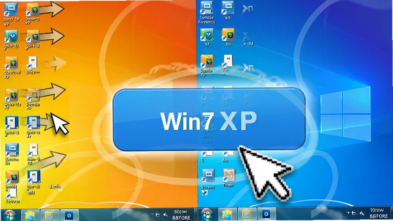 去除Win7XP快捷方式箭头宝盒一键去除功能操作示意图,画面显示鼠标指针点击醒目的大按钮,桌面上的快捷方式图标箭头逐渐消失的动画效果,背景为对比鲜明的处理前后桌面状态,色调明快,重点突出