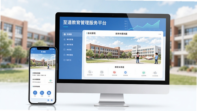 至道教育管理服务平台主界面预览图,画面中央展示手机与电脑端同步操作场景,背景为模糊的校园教学楼,整体色调清新明亮,突出家校互联与数字化管理主题