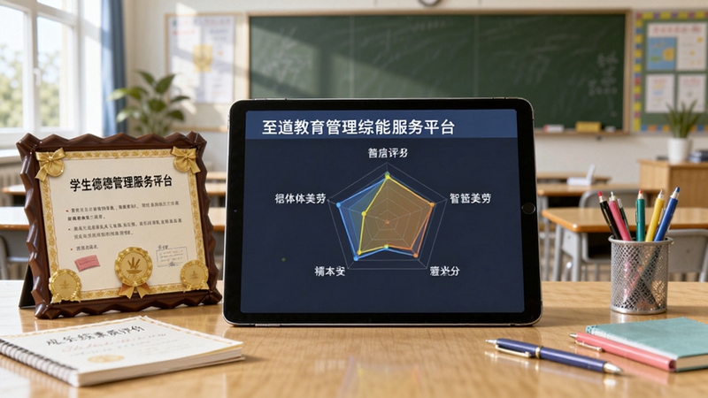 至道教育管理服务平台成长档案数据图表展示,画面中平板电脑显示学生德智体美劳各项评分雷达图,桌面摆放奖状与文具,背景为明亮的教室,突出综合素质评价功能