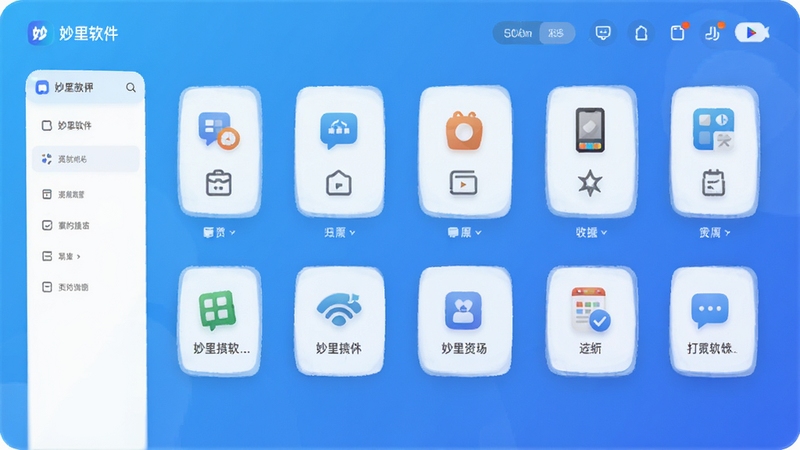 妙里软件主界面预览图,展示其简洁清爽的UI设计,屏幕上有功能图标阵列,背景为渐变的蓝色调,整体风格现代且友好,居中显示,适合应用商店宣传图