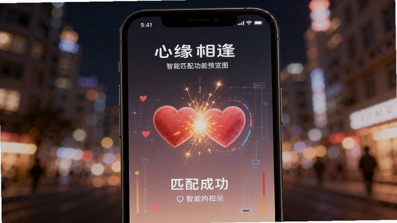 心缘相逢智能匹配功能预览图,手机屏幕显示匹配成功动画,两颗爱心碰撞出火花,背景是模糊的城市夜景,色彩明亮温暖,突出科技感与浪漫氛围